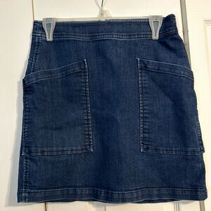 ANN TAYLOR LOFT Denim Jean Mini Skirt Stretch Oversized Pockets Dark Wash 4P